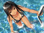  1girl ano_hito bikini black_bikini black_hair breasts brown_eyes climbing commentary_request covered_nipples eyebrows_hidden_by_hair from_above medium_breasts original pool smile solo sparkle splashing swimsuit tan 