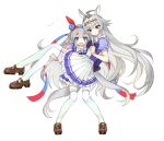  2girls ahoge animal_ears blue_eyes blush bow bowtie brown_footwear carrying didi_(whaqlrpwjd) fang full_body grey_hair hair_ornament hairband hand_on_another&#039;s_shoulder headband horse_ears horse_girl horse_tail long_hair looking_at_viewer multiple_girls notice_lines oguri_cap_(umamusume) open_mouth princess_carry purple_shirt sailor_collar school_uniform shirt shoes short_sleeves simple_background skirt smile standing tail tamamo_cross_(umamusume) thighhighs tracen_school_uniform umamusume v-shaped_eyebrows white_background white_skirt white_thighhighs 