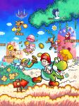  absurdres baby_bowser baby_donkey_kong baby_mario baby_peach baby_wario bird blue_sky boots brown_footwear coin crown diaper fireball flower green_footwear hat highres magnet mario_(series) official_art open_mouth parasol plant red_headwear shy_guy sky stork teeth umbrella vines yellow_footwear yellow_headwear yoshi yoshi&#039;s_island_ds 