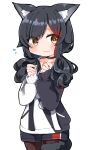  1girl 1other animal_ears bangs black_choker black_hoodie black_pantyhose black_shorts brown_eyes chibi choker clenched_hands cowboy_shot embarrassed flying_sweatdrops hair_over_one_eye hololive hood hoodie long_hair long_sleeves looking_at_viewer low_twintails multicolored_hair official_alternate_costume official_alternate_hair_length official_alternate_hairstyle ookami_mio pantyhose rabiiandrain red_hair short_shorts shorts simple_background sleeves_past_wrists solo streaked_hair swept_bangs tail tail_around_leg tail_wrap tearing_up twintails two-tone_hoodie virtual_youtuber white_background white_hoodie wolf_ears wolf_girl wolf_tail yellow_eyes 