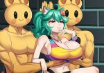  1girl 2boys ahoge animal_ear_fluff animal_ears bare_shoulders breasts cat_ears collarbone crop_top green_hair hair_ornament heart heart-shaped_pupils indie_virtual_youtuber large_breasts meme multiple_boys muscular muscular_male navel pink_eyes rosedoodle_(vtuber) servants_holding_aphrodite&#039;s_breasts_(meme) smile steve_chopz striped_tank_top symbol-shaped_pupils tank_top virtual_youtuber yellow_nails 