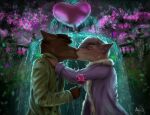  azhax balloon canid canine canis dobermann domestic_dog flower fountain hi_res inflatable kissing mammal nature night park pinscher plant romantic romantic_couple rose_(flower) 