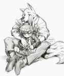  adult_(lore) anthro belt black_and_white bottomwear canid canine canis clothed clothing duo fully_clothed hand_holding hi_res jacket lagomorph leporid male male/male mammal monochrome necktie puinkey_(artist) rabbit shorts simple_background sitting_between_legs size_difference topwear wolf young 