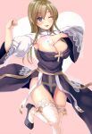  1girl ;d arch_bishop_(ragnarok_online) blonde_hair blue_eyes blush breasts cleavage collarbone covered_nipples dress heart high_collar high_heels juliet_sleeves large_breasts leg_up long_hair long_sleeves looking_at_viewer one_eye_closed open_mouth pelvic_curtain pink_background puffy_sleeves purple_dress purple_footwear ragnarok_online ribbon sail_(sail-away) shoes side_slit smile solo teeth thighhighs thighs two-tone_dress upper_teeth_only white_dress white_thighhighs wide_sleeves yellow_ribbon 