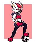  2019 3_toes 4_fingers anthro ball black_clothing black_legwear black_nose black_tights bottomwear cheek_tuft cinderace clothing cotton_tail digital_media_(artwork) eyelashes facial_tuft feet female fingers fur generation_8_pokemon hair hands_on_hips hi_res kanna_(sealsplash) lagomorph legwear leporid mammal navel nintendo pink_background pokemon pokemon_(species) rabbit red_bottomwear red_clothing red_eyes red_hair red_shirt red_shorts red_tank_top red_topwear sealsplash shirt shorts simple_background smile soccer_ball solo tank_top text tights toes topwear tuft white_background white_body white_fur wristband 