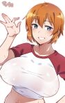  1girl blue_eyes blush breasts charlotte_e._yeager collarbone covered_nipples em_(totsuzen_no_hakike) large_breasts looking_at_viewer navel ok_sign orange_hair shirt short_hair simple_background smile solo strike_witches sweat upper_body white_background world_witches_series 
