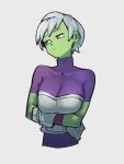  1girl arms_under_breasts bodysuit breasts cheelai colored_skin dragon_ball dragon_ball_super gloves green_skin grey_background kemachiku pink_eyes purple_bodysuit red_eyes short_hair short_sleeves simple_background solo turtleneck upper_body white_gloves white_hair 