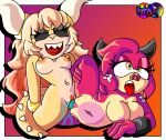  absurd_res anthro bodily_fluids bowsette_meme breasts crown digital_media_(artwork) dildo dragon drifa_the_armadillo/warthog duo eggbot15 fan_character female female/female genitals hair headgear hi_res horn hybrid long_hair mario_and_luigi_(series) mario_bros meme midbus nintendo nipples nude open_mouth pink_nose pussy roksana_the_dragon/turtle sega sex sex_toy simple_background smile sonic_the_hedgehog_(series) spikes spikes_(anatomy) spread_legs spreading super_crown tail tattoo tongue tribadism vaginal yellow_eyes 
