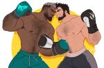  2boys abs aqua_shorts arm_hair armpit_hair armpit_peek bara beard ben_(timdoodle) black_shorts blue_eyes boxing_gloves chest_hair commission danny_(felixnosi) eye_contact eyebrow_cut facial_hair forehead-to-forehead from_side grey_hair hairy heads_together highres large_pectorals looking_at_another male_focus mature_male multicolored_hair multiple_boys muscular muscular_male navel navel_hair nipple_piercing nipples original pectorals piercing short_hair shorts sideburns smirk stomach thick_eyebrows timdoodles topless_male two-tone_hair wrestling wrestling_outfit 
