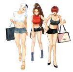  3girls absurdres alternate_costume angel_(kof) bag bangs brown_hair crop_top dan_koflove hair_over_eyes high_heels highres long_hair miniskirt multiple_girls one_eye_covered red_hair sandals shermie_(kof) shiranui_mai shopping_bag short_hair short_shorts shorts skirt snk split_ponytail tank_top the_king_of_fighters white_hair 