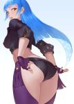  1girl adjusting_clothes angel_(kof) artist_request ass bent_over blue_hair breasts butt_crack cosplay fingerless_gloves from_behind gloves highres kula_diamond legs long_hair looking_at_viewer looking_back medium_breasts open_mouth red_eyes sideboob snk source_request the_king_of_fighters thick_thighs thighs 