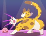  anthro big_butt bigdon1992 butt clawroline claws crouching dipstick_tail duo featureless_crotch felid female gloves_(marking) kirby kirby_(series) kirby_and_the_forgotten_land leg_markings leopard male mammal markings multicolored_body nintendo nude open_mouth pantherine pink_body socks_(marking) spots spotted_body tail tail_markings thick_thighs waddling_head 