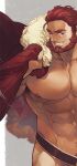  1boy abs bara bare_pectorals beard cape cape_grab cowboy_hat cropped dark-skinned_male dark_skin facial_hair fate/grand_order fate/zero fate_(series) fenman fur-trimmed_cape fur_trim hat iskandar_(fate) large_pectorals leather male_focus mature_male muscular muscular_male navel nipples no_shirt one_eye_closed pectorals pubic_hair pubic_hair_peek red_cape red_eyes red_hair revealing_clothes short_hair sideburns solo stomach thick_eyebrows 