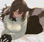 1girl animal_ears arknights bed_sheet black_gloves black_necktie black_shorts blush breasts brown_eyes brown_hair claws closed_mouth collared_shirt commentary cowboy_shot cross_tie ear_piercing freckles gloves grey_background hair_between_eyes jitome kochiya_(gothope) long_hair long_sleeves looking_at_viewer lying medium_breasts multicolored_hair necktie on_stomach paid_reward_available piercing polka_dot polka_dot_shirt ponytail raccoon_ears raccoon_girl raccoon_tail robin_(arknights) shirt shorts simple_background solo tail two-tone_hair white_hair white_shirt 