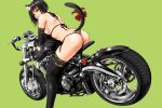  1girl animal_ears ano_hito ass bikini black_bikini black_gloves black_hair breasts cat_ears cat_girl cat_tail commentary_request elbow_gloves from_behind gloves green_background ground_vehicle looking_at_viewer medium_breasts medium_hair motor_vehicle motorcycle original side-tie_bikini_bottom sideboob sitting solo swimsuit tail thighhighs thong_bikini yellow_eyes 