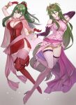  2girls absurdres arm_up bangs bare_shoulders breasts cape cleavage closed_mouth commentary detached_sleeves dress english_commentary fire_emblem fire_emblem:_mystery_of_the_emblem fire_emblem_awakening gloves green_eyes green_hair hair_between_eyes hair_ornament high_collar highres large_breasts long_hair looking_at_viewer mari48240422 multiple_girls nagi_(fire_emblem) pink_cape pink_dress pink_footwear pointy_ears ponytail purple_sleeves red_dress red_footwear red_gloves short_dress sidelocks simple_background sleeveless sleeveless_dress smile thighs tiki_(adult)_(fire_emblem) tiki_(fire_emblem) very_long_hair zettai_ryouiki 