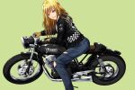  1girl ano_hito black_jacket blonde_hair blue_eyes brown_gloves club_(shape) commentary_request denim gloves green_background grin ground_vehicle jacket jeans long_hair motor_vehicle motorcycle original pants sitting smile solo torn_clothes torn_jeans torn_pants 