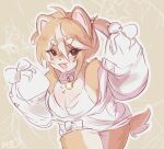  absurd_res anthro baggy_clothing blush breasts canid canine canis clothed clothing collar digital_media_(artwork) domestic_dog female fur furbait_(artist) hair hi_res looking_at_viewer mammal open_mouth shiba_inu simple_background smile solo spitz topwear yoko_(character) 