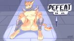  anthro armor breasts butt defeated felid feline felis female fur gameplay_mechanics genitals hi_res knife labyrinthkat mammal mostly_nude nipples pauldron paws pussy shin_guards signature simple_background solo spotlight tail text weapon 