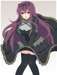  1girl absurdres bangs black_dress black_ribbon black_thighhighs breasts brooch clothes_lift dress frilled_dress frills gothic_lolita hair_ribbon highres huge_breasts ichiryuu_tsumiki jewelry lolita_fashion long_hair murasaki_(senran_kagura) open_mouth purple_eyes purple_hair ribbon senran_kagura skirt skirt_lift solo teeth thighhighs upper_teeth_only very_long_hair 