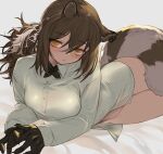  1girl animal_ears arknights bed_sheet black_gloves black_necktie blush breasts brown_eyes brown_hair claws closed_mouth collared_shirt commentary cowboy_shot cross_tie ear_piercing freckles gloves grey_background hair_between_eyes jitome kochiya_(gothope) long_hair long_sleeves looking_at_viewer lying medium_breasts multicolored_hair necktie no_pants on_stomach paid_reward_available piercing polka_dot polka_dot_shirt ponytail raccoon_ears raccoon_girl raccoon_tail robin_(arknights) shirt simple_background solo tail thighs two-tone_hair white_hair white_shirt 