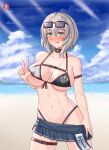  1girl :p absurdres areola_slip azurecruiser bare_shoulders beach belt bikini bikini_top_lift bikini_under_clothes black_choker blue_skirt blush breasts brown_belt choker cleavage clothes_lift clothes_pull collarbone day eyewear_on_head front-tie_top green_eyes grey_hair highres hololive large_breasts leather_belt lifted_by_self looking_at_viewer miniskirt navel ocean pleated_skirt pulled_by_self shirogane_noel short_hair skirt skirt_pull smile solo swimsuit thigh_strap tongue tongue_out v virtual_youtuber wet 
