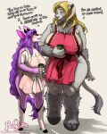  4:5 antelope anthro babywife beverage blonde_hair bovid bovine brienne_charon clothed clothing coffee coffee_cup container cup dialogue dulcine duo european_mythology female fur gazelle greek_mythology grey_body grey_fur hair hi_res long_hair mammal minotaur mythology purple_body purple_fur purple_hair simple_background standing text white_background white_text 