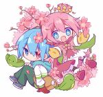  2boys 3others animal bag bangs bird blue_eyes blue_hair blush crown flower futaba969649 gloves green_bird heterochromia highres looking_at_viewer multiple_boys multiple_others ocean_prince pink_hair puyopuyo red_eyes shoulder_bag sig_(puyopuyo) simple_background sitting white_background 