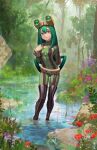  1girl asui_tsuyu bangs black_hair bodysuit boku_no_hero_academia breasts commentary_request covered_navel frog_girl full_body goggles goggles_on_head green_hair highres long_hair looking_at_viewer low-tied_long_hair outdoors solo standing wading water yugen99 