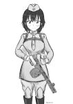  1girl absurdres boots epaulettes feet_out_of_frame greyscale gun hat highres holding holding_gun holding_weapon indie_virtual_youtuber light_blush looking_at_viewer military military_hat military_uniform monochrome pants porotto_yontouhei pouch short_hair simple_background smile solo soviet soviet_army star_(symbol) twitter_username uniform virtual_youtuber vlasha_(vtuber) weapon weapon_request 