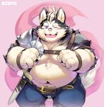  2023 anthro belly blush bottomwear canid canine canis clothing crave_saga domestic_dog kemono male mammal moobs navel nekomarudon nipples one_eye_closed overweight overweight_male pants solo weapon wink 