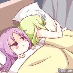  2girls 500_dollar_four_foot_tall_mareep_(meme) adesa alina_gray azusa_mifuyu bangs bed blanket blush dakimakura_(object) green_hair long_hair lying magia_record:_mahou_shoujo_madoka_magica_gaiden mahou_shoujo_madoka_magica medium_hair meme misono_karin multiple_girls object_hug on_bed parted_bangs pillow pillow_hug pout purple_eyes purple_hair shaded_face sleeping unamused under_covers 