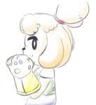  2019 animal_crossing anthro canid canine canis clothed clothing domestic_dog female fully_clothed fur furfnsfw hair infinity_gauntlet isabelle_(animal_crossing) looking_at_viewer mammal marvel nintendo shih_tzu side_view simple_background smile solo standing threatening_aura toy_dog white_background yellow_body yellow_fur 