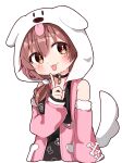  1girl :3 :p animal_hood animal_print bare_shoulders black_choker black_shirt blush brown_eyes brown_hair chibi choker commentary detached_sleeves dog_hood dog_print finger_to_own_chin hair_between_eyes hair_ornament hair_over_shoulder hololive hood hooded_vest hoodie index_finger_raised inugami_korone jewelry long_hair looking_at_viewer o-ring o-ring_choker official_alternate_costume official_alternate_hairstyle pendant pink_vest pom_pom_(clothes) pom_pom_hair_ornament print_shirt rabiiandrain shirt simple_background solo tail tail_cover tongue tongue_out vest virtual_youtuber white_background 
