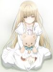  1girl blonde_hair blush dress hands_on_own_knees highres kenshiyunauza kneeling long_hair long_sleeves looking_down nightgown otonari_no_tenshi-sama_ni_itsu_no_mani_ka_dame_ningen_ni_sarete_ita_ken shiina_mahiru_(otonari_no_tenshi-sama) simple_background stuffed_animal stuffed_toy teddy_bear very_long_hair white_dress yellow_eyes 