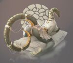  anthro body breasts butt dzmaylon feet female front_view genitals gold_(metal) hi_res long_neck looking_back lying nipples non-mammal on_front on_pillow pillow pinup pose rayisa reptile scales scalie simple_background snake solo tongue tongue_out 
