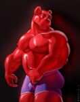  2023 absurd_res anthro barazoku bear belly biceps big_bulge big_muscles big_pecs black_background briefs bulge candy clothed clothing deltoids dessert eyebrows food food_creature glistening glistening_body grossy_v gummy_(food) gummy_bear_(food) hi_res huge_muscles living_candy male mammal muscular muscular_anthro muscular_male navel nipples pecs red_body simple_background smile solo standing text thick_thighs topless topless_anthro topless_male underwear url 