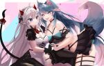  2girls absurdres ahoge animal_ear_fluff animal_ears asymmetrical_docking bangs black_gloves black_skirt black_thighhighs blue_eyes blue_hair blush breast_press breasts cleavage demon_girl demon_horns demon_tail gloves grey_eyes grey_hair heart heart-shaped_pupils highres holding_hands horns large_breasts long_hair looking_at_viewer maid maid_headdress multicolored_hair multicolored_tail multiple_girls navel open_mouth pink_hair pink_tail silvervale skirt smile streaked_hair swept_bangs symbol-shaped_pupils tail thigh_strap thighhighs tongue tongue_out vei_(vtuber) virtual_youtuber vshojo wellski wolf_ears wolf_girl wolf_tail 