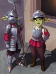  absurdres armor breastplate colored_skin cranihum faulds female_goblin full_armor gauntlets goblin greaves green_skin helmet highres holding holding_polearm holding_weapon kettle_helm long_sleeves metal_boots monster_girl original pointy_ears polearm shortstack weapon 