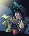  1boy backpack bag bangs bloom blue_background bodysuit boku_no_hero_academia cape cape_grab closed_mouth clothes_grab expressionless floating_cape floating_hair freckles gloves green_bodysuit green_eyes green_hair hand_up highres light_frown light_particles looking_to_the_side male_focus midoriya_izuku mochaxtxmr official_alternate_costume short_hair sidelighting solo spoilers torn_clothes torn_sleeves turning_head upper_body white_gloves wind yellow_bag yellow_cape 