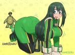  1girl arched_back artist_name ass asui_tsuyu bodysuit boku_no_hero_academia breasts bright_pupils dark_green_hair gloves green_bodysuit green_eyes green_hair kameseru large_breasts long_hair low-tied_long_hair multicolored_bodysuit multicolored_clothes thighhighs tongue tongue_out turtle 