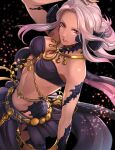  1girl au_ra avatar_(ff14) bare_shoulders braid breasts chain denka_(cloudy-gray) dragon_girl dragon_horns dragon_tail final_fantasy final_fantasy_xiv gem gold_chain gold_necklace highres horns jewelry lips medium_breasts medium_hair midriff navel necklace pink_eyes pink_hair red_gemstone scales skirt solo stomach tail 