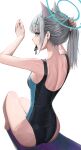  1girl absurdres animal_ears ass bangs bare_arms bare_shoulders blue_archive blue_eyes breasts ear_piercing earrings extra_ears from_behind full_body glance grey_hair hair_ornament halo highres hwan_(verypoor) jewelry looking_at_viewer looking_back medium_breasts mouth_hold one-piece_swimsuit piercing shiroko_(blue_archive) shiroko_(swimsuit)_(blue_archive) simple_background sitting solo stud_earrings swimsuit white_background 