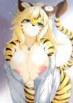  absurd_res anthro areola big_breasts blonde_hair blue_eyes blush breasts clothed clothing cyberconnect2 drecom felid female full_bokko_heroes fur hair hi_res looking_at_viewer mammal megane_inu pantherine solo striped_body stripes tiger zhang_fei_(full_bokko_heroes) 