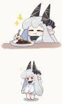  1girl :t ^^^ arknights bangs barefoot black_collar chibi closed_eyes closed_mouth collar commentary_request curry curry_rice eating food grey_background grey_hair highres holding holding_spoon hood hood_down hoodie horns long_hair long_sleeves mooootmt mudrock_(arknights) pointy_ears red_eyes rice signature simple_background sparkle spoon stained_clothes sweat very_long_hair wavy_mouth white_hoodie 