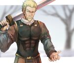  1boy armor askeladd beard blonde_hair blue_eyes breastplate facial_hair gold_trim highres holding holding_sword holding_weapon kiyakyuu long_sleeves looking_at_viewer male_focus short_hair solo_focus sword vinland_saga weapon 