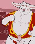  2023 4:5 absurd_res anthro balls belly big_belly blush clothed clothing erection genitals group hi_res humanoid_hands lagomorph leporid male mammal moobs navel nipples overweight overweight_male penis pink_nose rabbit solo_focus unholyluhen white_body 
