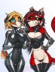  anthro big_breasts black_hair blonde_hair blue_eyes bovid breasts brown_body brown_fur caprine cherry_(macmegagerc) clothing cozze_(macmegagerc) curvaceous curved_horn curvy_figure cybernetic_arm cybernetic_eye cybernetic_limb cybernetics cyborg ear_piercing ear_ring ears_down eyelashes facial_piercing fangs felid female female/female fur goat gold_earring hair hi_res horn latex_stockings legwear long_hair looking_at_viewer machine macmegagerc mammal metal metalic metallic_body multicolored_hair navel nose_piercing nose_ring orange_body orange_fur pantherine piercing pivoted_ears red_body red_fur red_hair red_star red_stripes ring_piercing rubber rubber_clothing rubber_suit short_hair silver_ear_piercing silver_ear_ring simple_background smile smiling_at_viewer striped_body stripes teeth thick_thighs thigh_gap thigh_highs tiger two_tone_hair voluptuous watermark white_body white_fur wide_hips yellow_eyes 