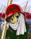  1girl black_hair blurry blurry_background commentary_request crowd gakusei_undou gloves green_eyes hair_between_eyes hardhat helmet holding holding_staff long_hair looking_at_viewer m_tap original protest red_headwear scarf serious solo_focus staff translation_request upper_body white_gloves white_scarf 