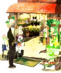  1boy black_jacket black_pants collar_x_malice facing_away full_body grey_hair jacket jacket_on_shoulders long_sleeves male_focus miya00san multicolored_hair okazaki_kei pants plant shirt short_hair solo storefront suspenders welcome_mat white_hair white_shirt 